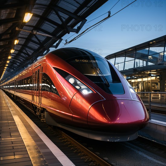 Modern futuristic express train travels through the landscape at high speed