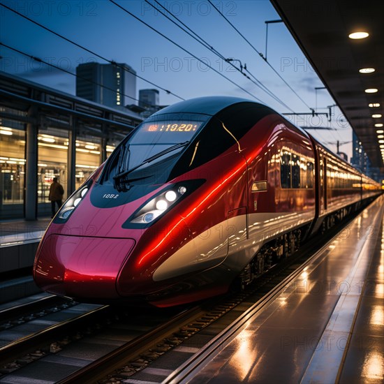 Modern futuristic express train travels through the landscape at high speed