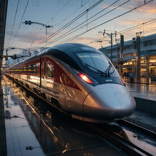 Modern futuristic express train travels through the landscape at high speed