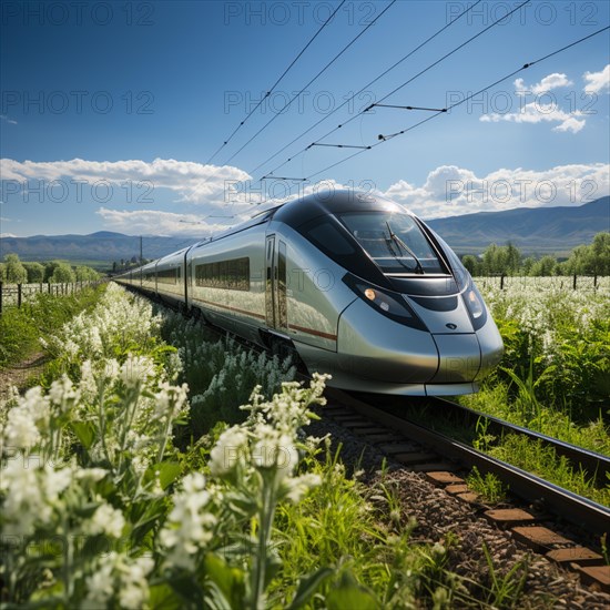 Modern futuristic express train travels through the landscape at high speed