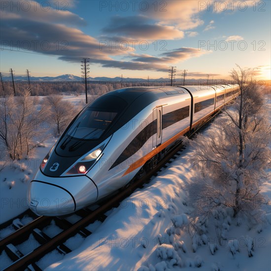 Modern futuristic express train travels through the landscape at high speed