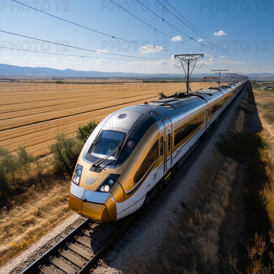 Modern futuristic express train travels through the landscape at high speed