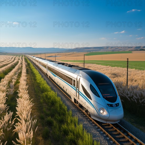 Modern futuristic express train travels through the landscape at high speed