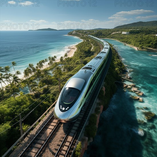 Modern futuristic express train travels through the landscape at high speed