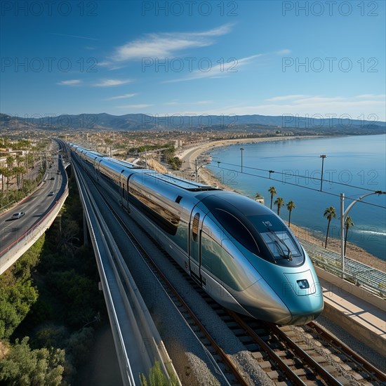 Modern futuristic express train travels through the landscape at high speed