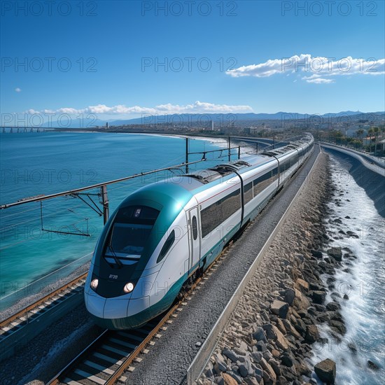 Modern futuristic express train travels through the landscape at high speed