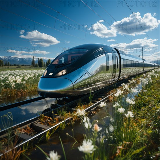 Modern futuristic express train travels through the landscape at high speed