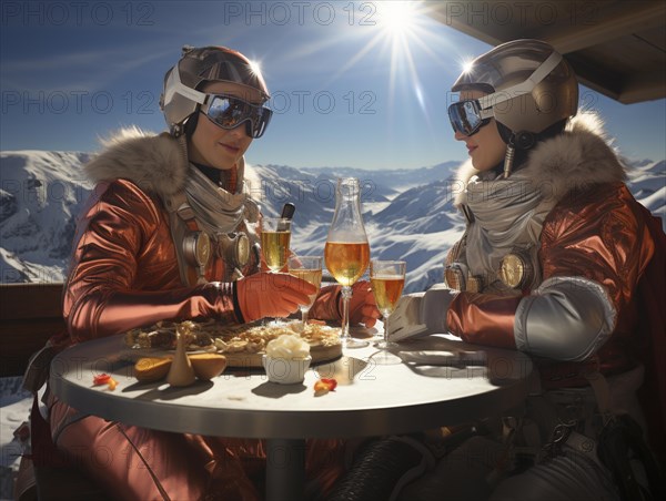 Skiers sit on the terrace of a mountain hut in the snow after a ski tour