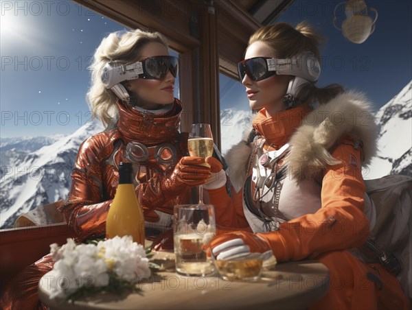 Skiers sit on the terrace of a mountain hut in the snow after a ski tour