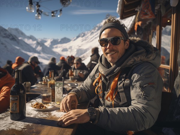 Skiers sit on the terrace of a mountain hut in the snow after a ski tour