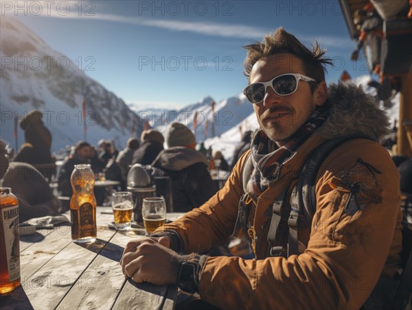 Skiers sit on the terrace of a mountain hut in the snow after a ski tour