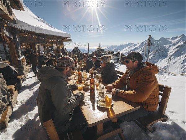 Skiers sit on the terrace of a mountain hut in the snow after a ski tour