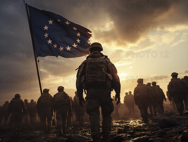 Flag of the European Union with soldiers