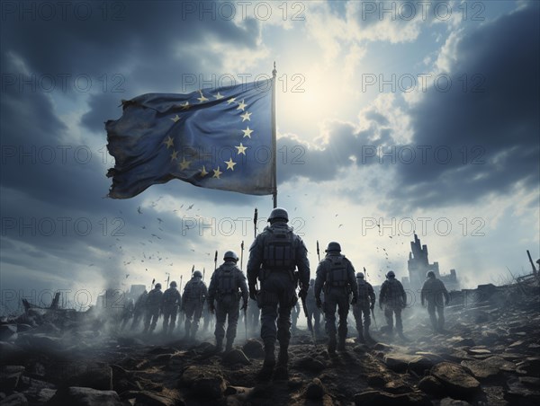 Flag of the European Union with soldiers