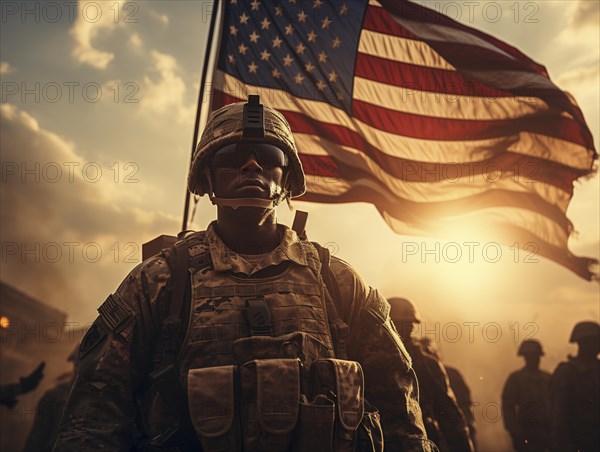 Flag of the United States of America with soldiers