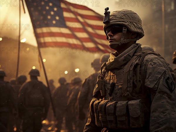 Flag of the United States of America with soldiers