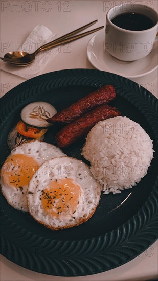 Vertical overhead view of fried eggs