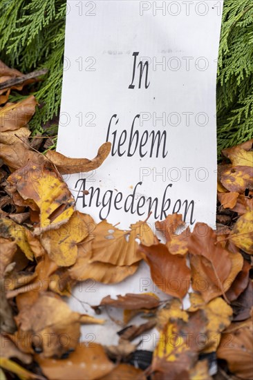 Mourning ribbon with inscription In loving memory on a memorial tree with the names of those buried there in Seelwald