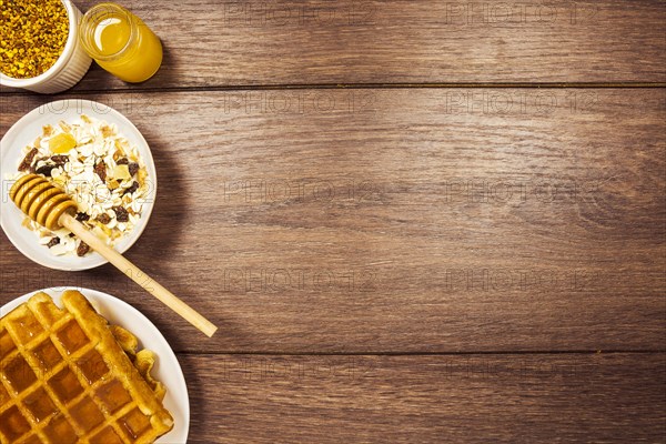 Arrangement healthy breakfast wooden desk