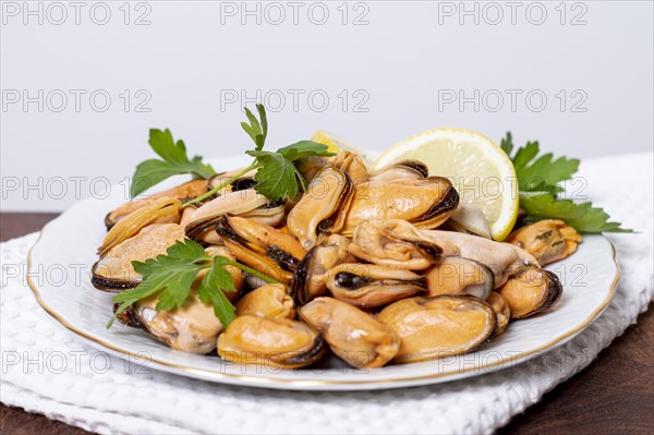 Close up delicious mussels plate