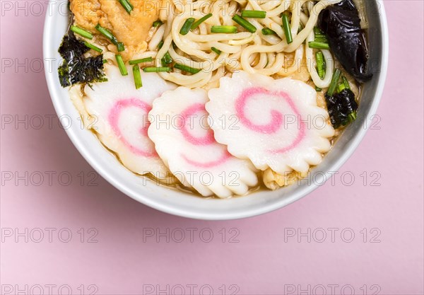 Close up ramen noodles soup bowl