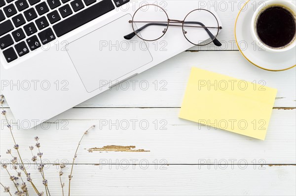 Desktop with computer coffee cup