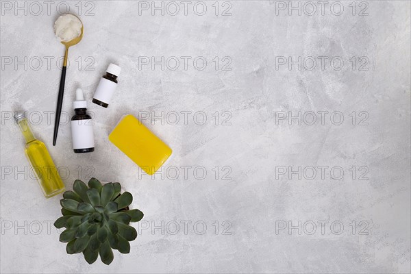 Essential oil bottles cotton yellow soap cactus plant concrete backdrop writing text