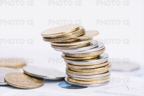 Fallen stack coins white background graph