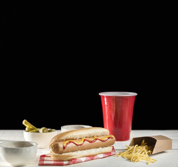 Fast food hot dog soda copy space