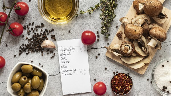 Flat lay food ingredients with mushrooms veggies