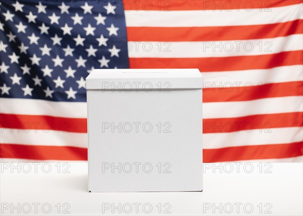 Front view ballot box with american flag background