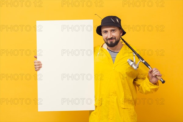 Front view fisherman with rod holding blank placard