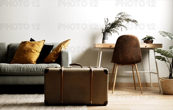Front view interior with vintage suitcase