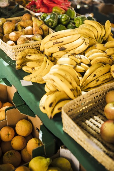 Fruit market with various colorful fresh fruits vegetables