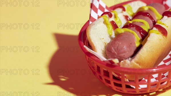 High angle arrangement with tasty hot dog basket