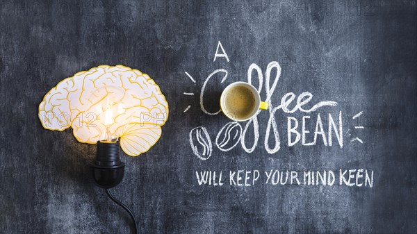 Lighted brain light bulb with text chalkboard