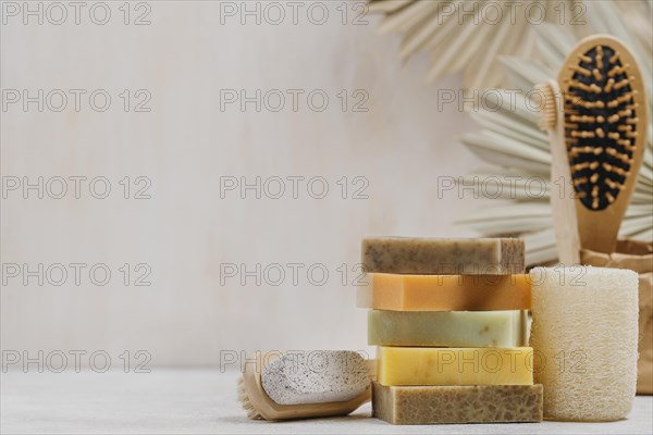 Natural wooden brushes soaps copy space background