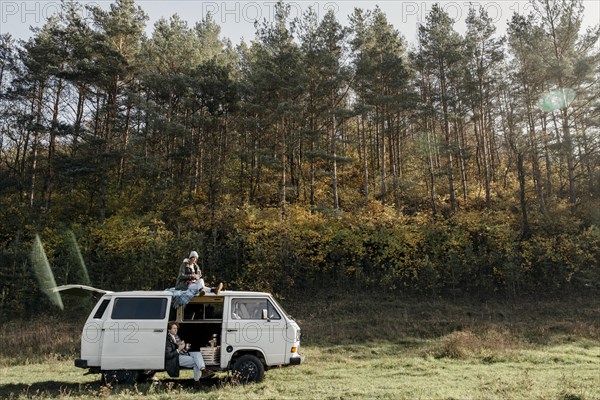 People having road trip with copy space