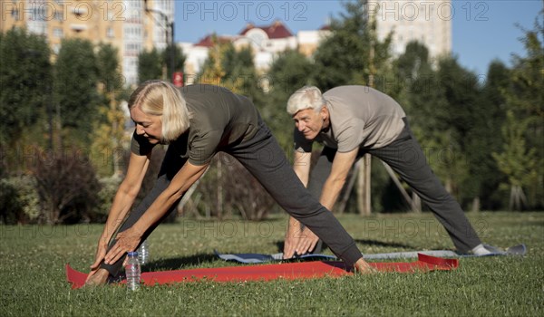 Side view mature couple practicing yoga outdoors