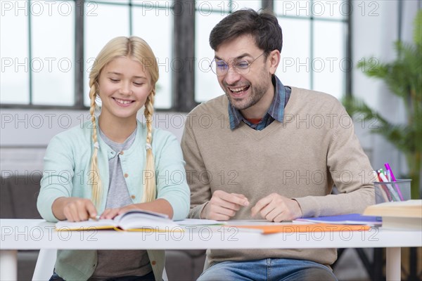 Teacher young student having good time