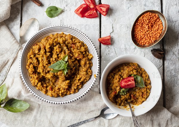 Top view bowls with spicy indian food