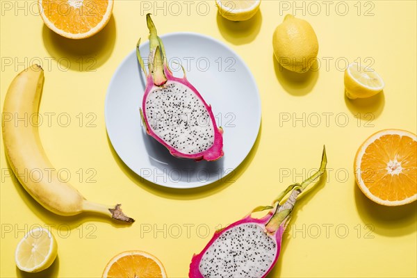 Top view collection organic fruits table