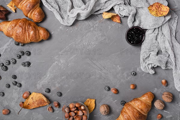 Top view croissants jam chestnuts