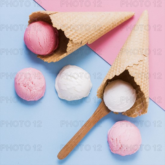 Top view ice cream scoops cone table