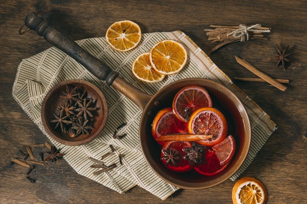 Top view mulled wine with star anise