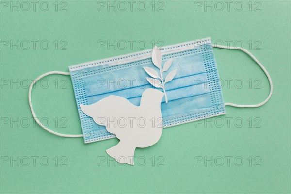 Top view paper dove with medical mask