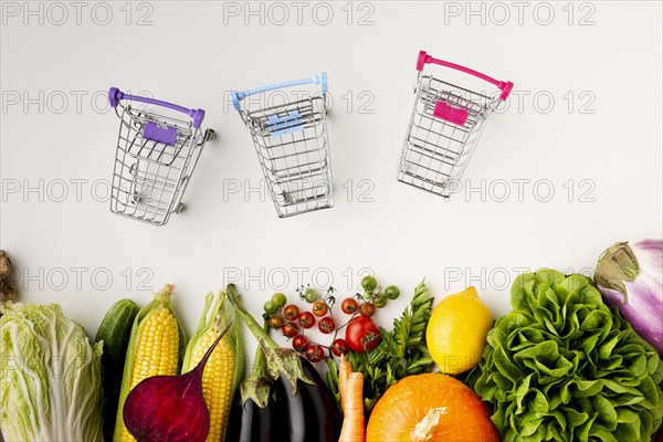 Top view shopping carts with delicious veggies