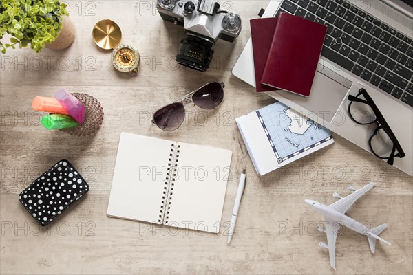 Travel items arrangement flat lay