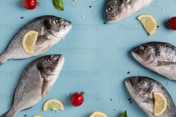 Uncooked seafood fish with lemon tomatoes
