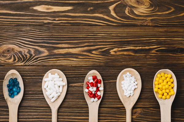 Various pills wooden spoon